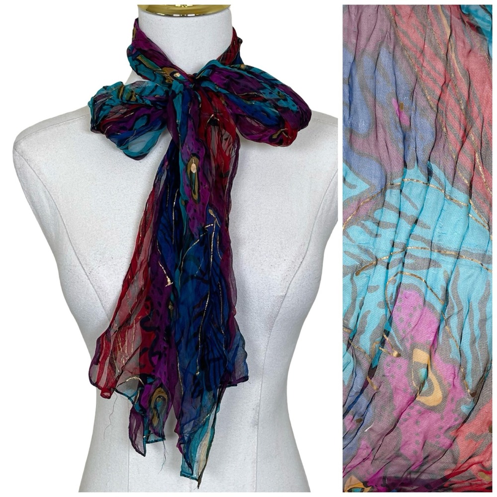 Vintage Rayon Gauze Crinkle Scarf‎ Multicolor Gold Metallic Peacock Print Boho